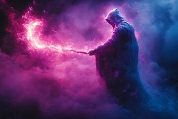 Hooded Figure Conjures Flaming Staff in Purple Mist