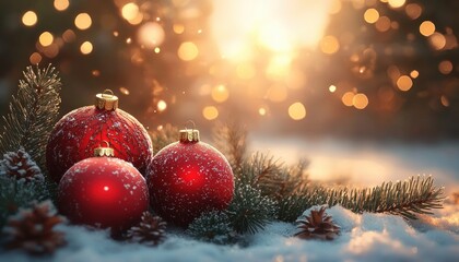 Obraz premium Christmas Ornaments Pine Branches Glowing Light Cozy Atmosphere Festive Still Life Design