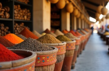 Dubai Spice Souk presents colorful displays of various spices. Traditional containers hold mounds of aromatic herbs, spices. Bustling market atmosphere evoked. Market offers exotic ingredients,