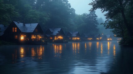 Misty lake houses with warm lights at night.