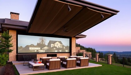 Fototapeta premium Outdoor home theater with retractable roof and seating area