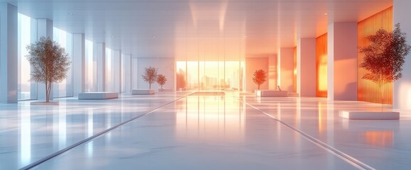 Fototapeta premium Modern, bright lobby with sunset view.