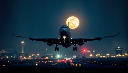Airplane descends at night landing on runway under full moon. Illuminated airport terminal, city lights glow in background. Air travel at night time on aerodrome. Transportation at night. Commercial