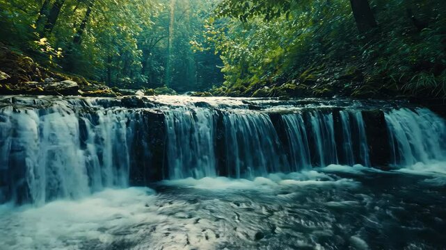 Serene river flowing through lush forest with small waterfall captured during golden hour, 4k nature cinemagraph river with small waterfall in forest with audio