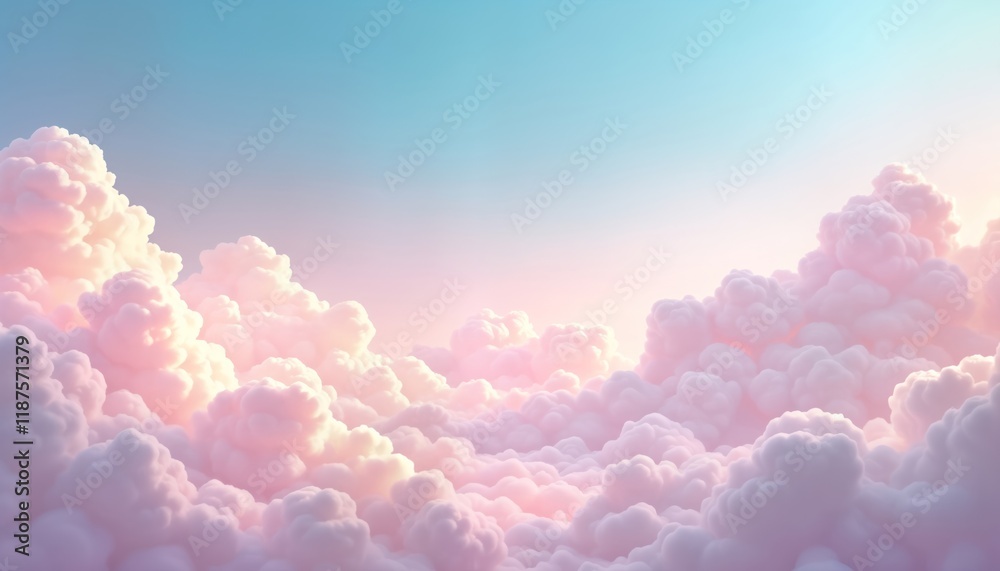 Poster Pastel clouds fill sky in soft gradient of pinks, blues. Fluffy clouds with soft textures create dreamlike atmosphere. Beautiful sunrise sunset light bathes clouds in warm hues. Ideal for wallpaper