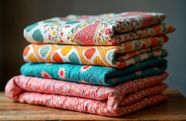 Colorful stack of folded quilts. Generative AI created textiles with various patterns. Cozy, warm designs visible on quilt. Home decor bedding items. Possible use in interior design. Many different