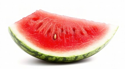 Juicy Watermelon Slice: A refreshing slice of ripe watermelon, showcasing vibrant red flesh and black seeds, evokes summer picnics and sweet indulgence.