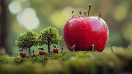 Tiny figures work on a colossal red apple amidst miniature trees and moss. The scene evokes a whimsical, surreal harvest. Scale and perspective are playfully distorted.