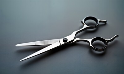 Fototapeta premium Pro hairdressing scissors presented close up. Stylish metallic scissors with dark handles on neutral surface. Focus on precise craftsmanship, tools for expert hair styling. Image ideal for beauty