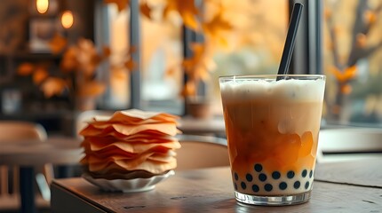 Layered papier-mâché material, warm autumn colors, a refreshing cup of bubble tea with tapioca pearls in a cozy cafe, earthy and cozy, sculpted textured layers, visible material texture 