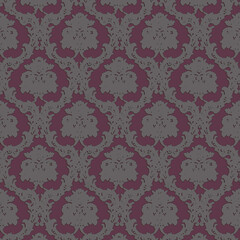 Dark plum and gray damask seamless pattern with ornate floral motifs. Ideal for gothic décor, elegant textiles, vintage wallpaper, and sophisticated background design.