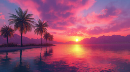 Vibrant Sunset Over a Secluded Desert Oasis