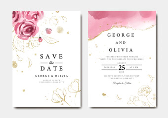 Beautiful wedding invitation template with pink and gold roses