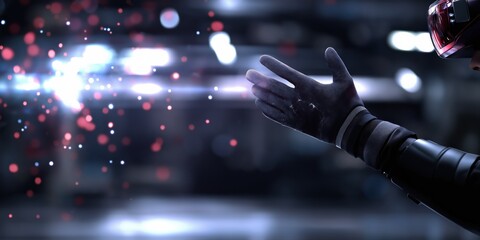 This dynamic image portrays a futuristic hand releasing particles of light against a blurred backdrop, symbolizing innovation, creativity, and advanced technology.