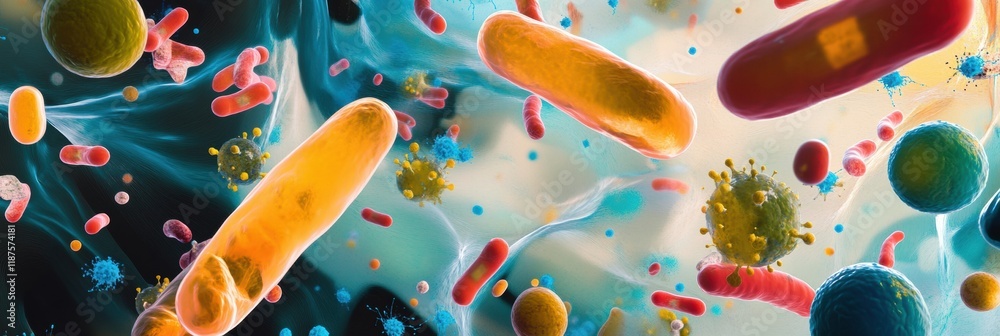 Poster abstract depiction of swirling bacteria and microbes moving through a liquid medium in vibrant color