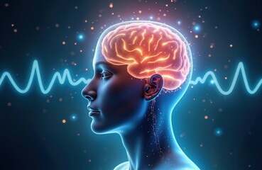 Obraz premium 3D illustration of human head profile. Brain anatomy highlighted with glowing energy. Neurofeedback EEG waves visible behind head. Concept image for mindfulness meditation, cognitive function