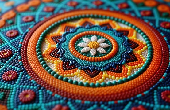 Colorful beadwork art. Circular design with many tiny beads. Various colours. Traditional, handmade. Handcraft art. Vibrant, artistic native american beadwork. Intricate pattern. Unique piece of art.