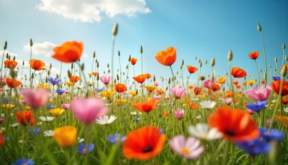 Naklejka premium Colorful wildflowers bloom in field. Vivid colors fill meadow. Sunlight shines on flowers. Natural beauty of summer meadow. Vibrant display of flora. Freshness, vitality obvious in natural landscape.