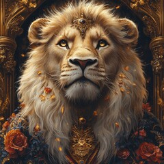 Fototapeta premium Goddess Durga on Lion Illumination Golden Light Intricate Floral Patterns