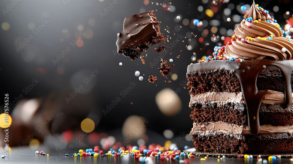 Aufkleber close up of chocolate cake with layers of frosting, topped with colorful sprinkles and chocolate pie