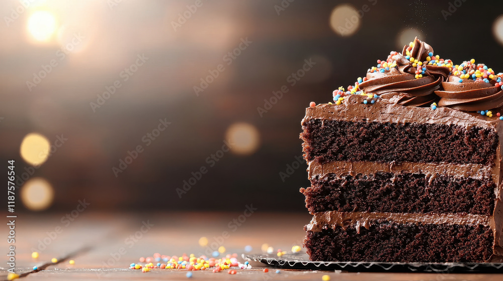 Poster close up of chocolate cake with layers of rich frosting and colorful sprinkles, showcasing its delic