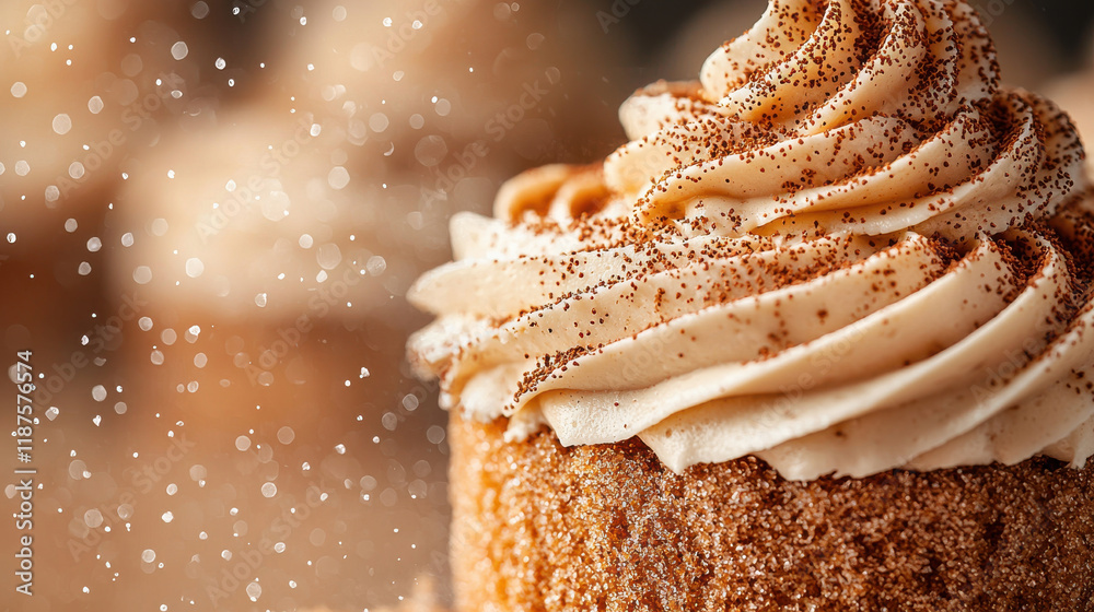 Poster delicious close up of freshly baked cake topped with creamy frosting and cocoa powder, creating deli
