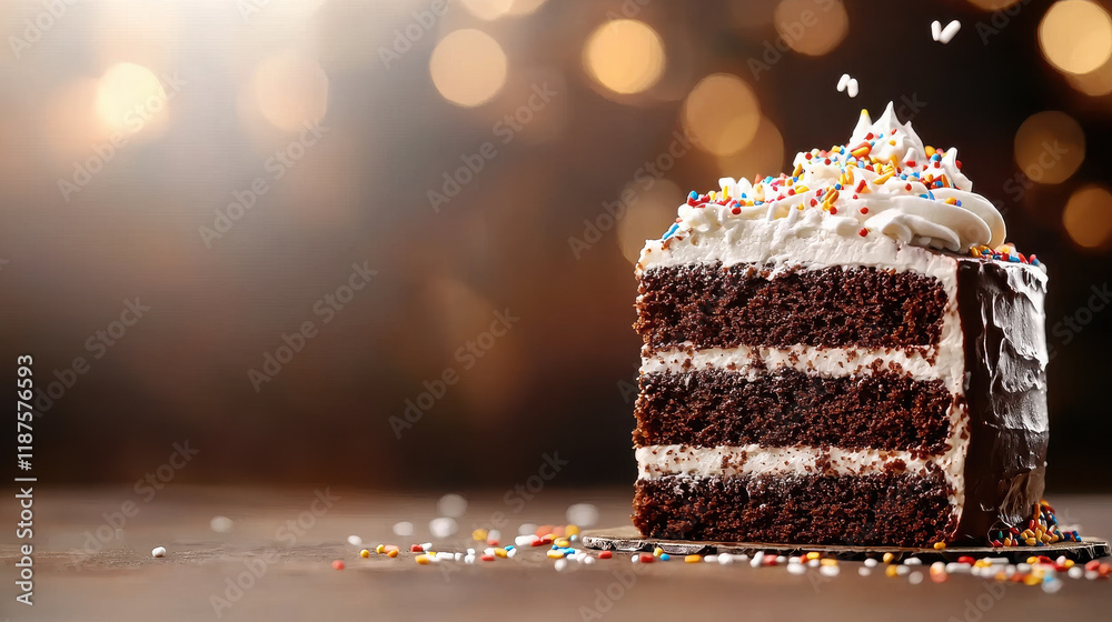 Aufkleber close up of chocolate cake slice with layers of frosting and colorful sprinkles, set against blurred