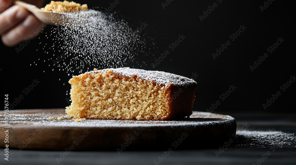 Aufkleber close up of slice of cake being served with powdered sugar sprinkled on top, creating delightful and inviting presentation