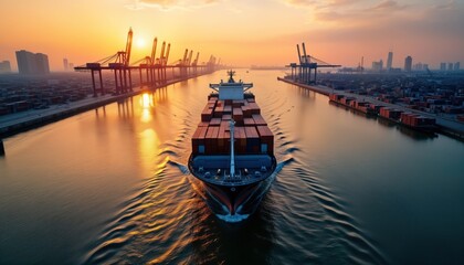 Fototapeta premium Cargo ship sails into port at sunset. Large container ship navigates harbor channel. Shipping containers lined up along docks. Golden hour light illuminates water. Global trade evident. Modern