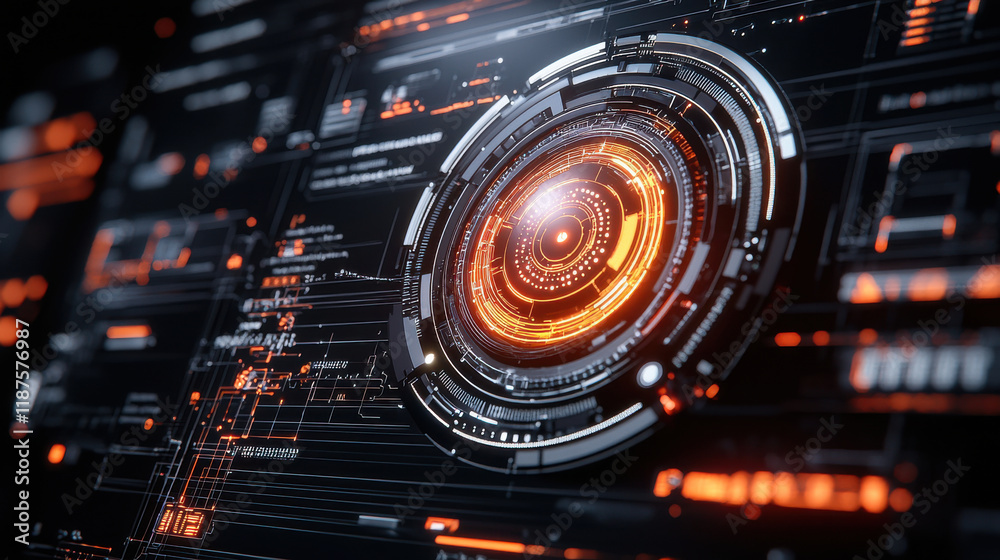 Poster close up view of futuristic technology with glowing circular patterns and digital elements, representing advanced data processing and connectivity in smart systems