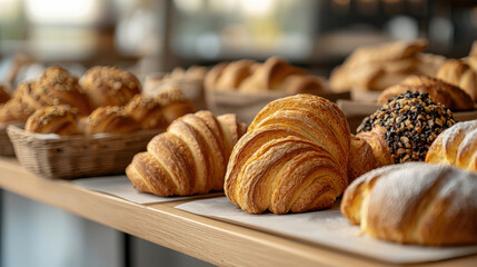 Freshly baked pastries displayed in bakery case, showcasing variety of croissants and breads. warm colors and textures create inviting atmosphere for pastry lovers