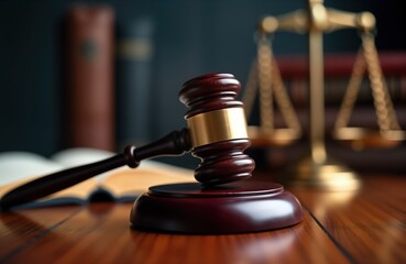Wooden gavel rests on table in legal setting. Ceremonial object justice, authority. Law books, scales of justice blurred background. Decision making in courtroom meeting. Pro image of law, order