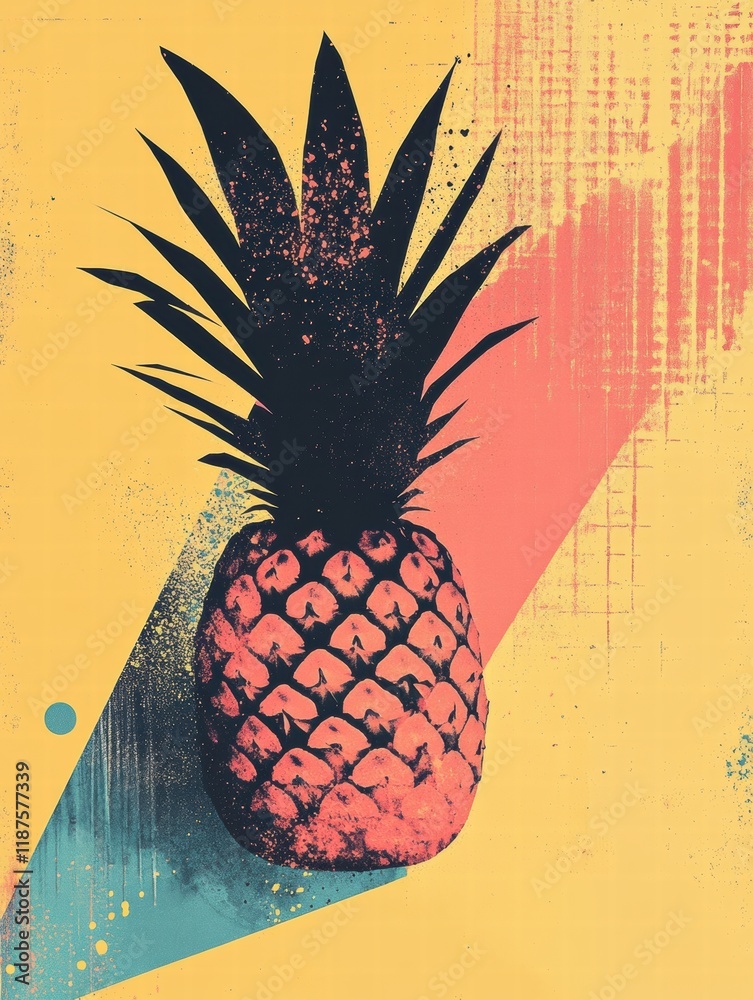Poster vibrant abstract geometric pineapple design with unique colors and shapes against a textured backgro