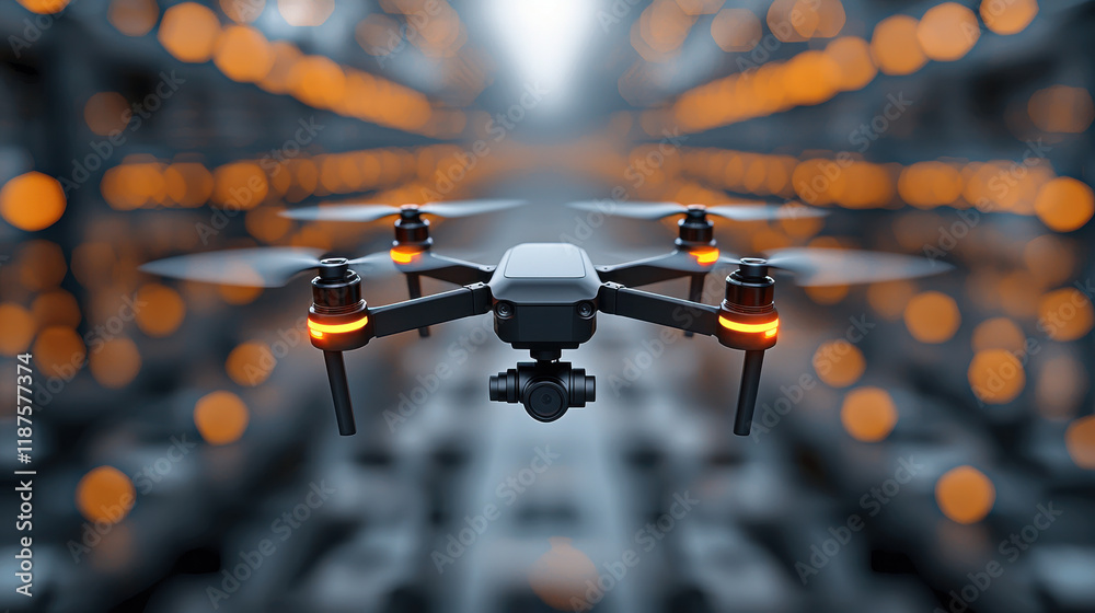 Poster drone flying in industrial setting, surrounded by illuminated equipment, showcases advanced technolo
