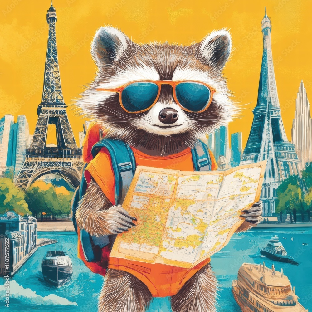 Aufkleber raccoon exploring world landmarks with a map and backpack in vibrant city environment. generative ai