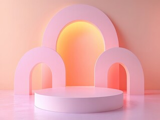 Minimalist 3D Render of Geometric Shapes with Arch Structures and Circular Platform