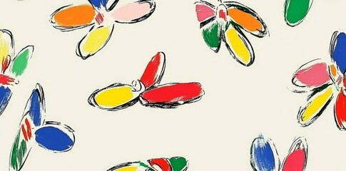 Obraz premium Colorful and fun, this hand-drawn floral seamless pattern with a childish doodle style is perfect for fabric, cover, wrapping, and wallpaper projects