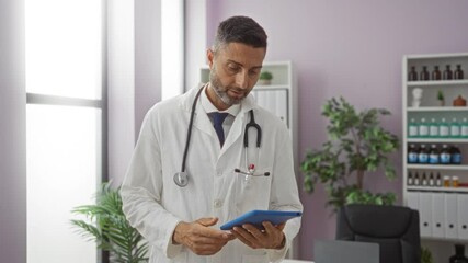 Male doctor in clinic uses digital tablet, showcasing technology in healthcare, with a modern interior featuring plants and shelves, highlighting professional medical environment.