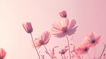 Naklejka premium Delicate Pink Cosmos Flowers Bloom Under Sunset Sky