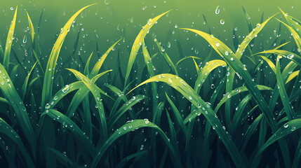 Dew drops on lush green grass blades. Dewfall. Illustration