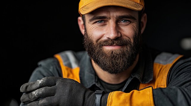 smiling mechanic wearing gloves and cap, showcasing confidence and professionalism. His beard and work attire reflect dedicated approach to heavy machinery maintenance