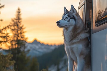 Fototapeta premium Siberian Husky in motorhome with sunset mountain view