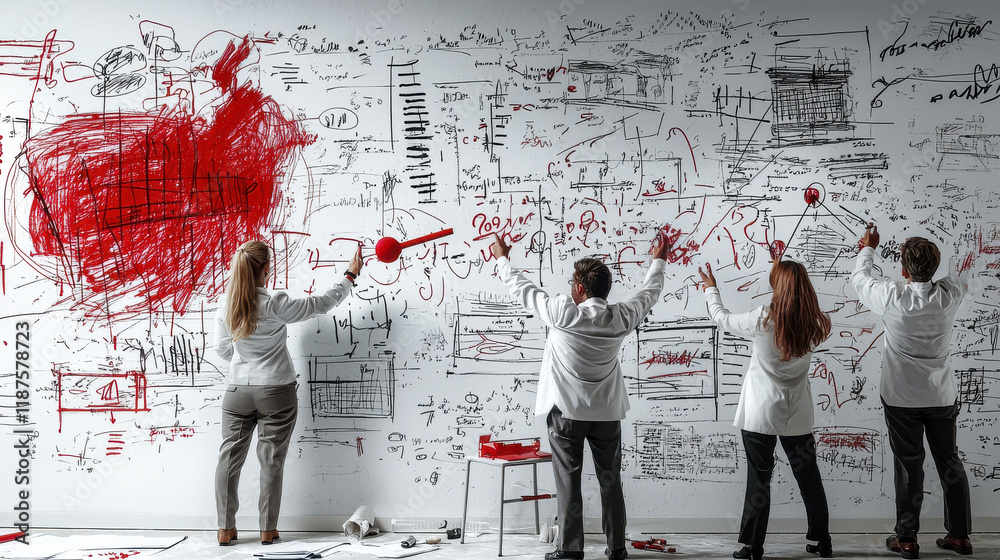 Aufkleber creative team brainstorming strategies on wall covered in sketches and notes, showcasing collaborati