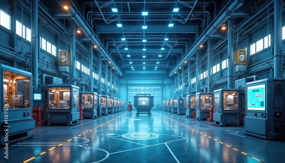 Aufkleber Futuristic smart factory interior. Advanced automation machinery, robotics. Engineer in red coat pushes cart with equipment. Automated production lines. Interconnected systems. Generative AI.