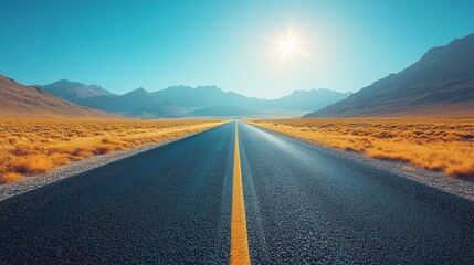 Fototapeta premium Straight Road Under Clear Sky with Golden Grasslands and Bright Sunlight