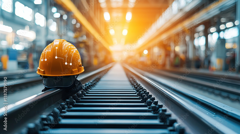Poster safety helmet with iot sensors rests on railway tracks in industrial facility, symbolizing innovatio