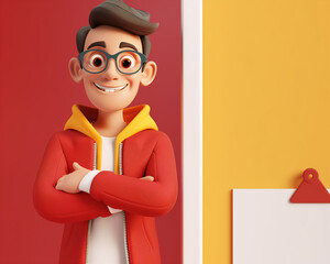 Cheerful Young Man in Glasses and Red Jacket Illustration with Vibrant Red and Yellow Background, Perfect for Youthful Marketing and Design Projects