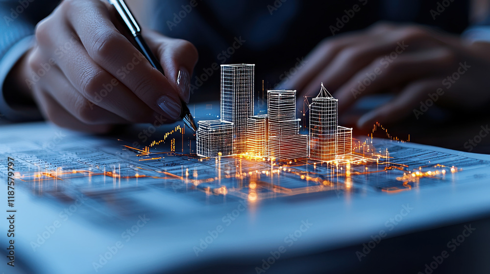 Poster business professional sketches cityscape with digital elements, illustrating urban planning and stra