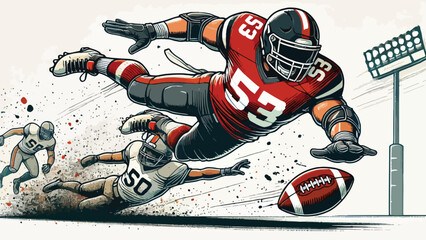 A linebacker diving to make a tackle, with dynamic action lines and dust particles in a flat-style composition