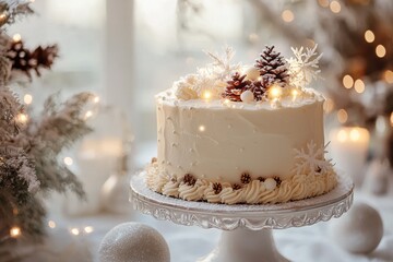 Fototapeta premium Serene Beauty: Minimalist Snowy Winter Cake Delightfully Captured in Elegant Simplicity